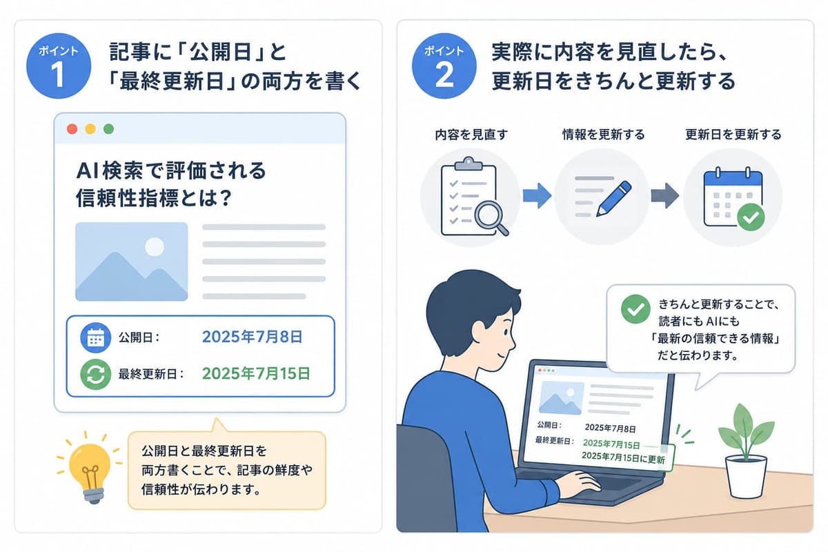 ポイント1「公開日と最終更新日の両方を書く」(公開日2025年7月8日・最終更新日2025年7月15日の記事例)と、ポイント2「内容を見直したら更新日を更新する」の手順を示す図